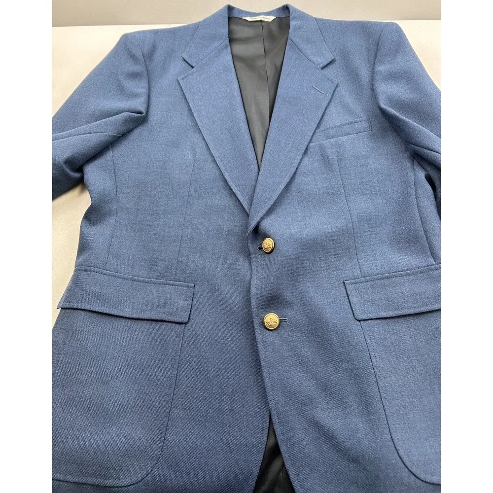 Stafford Mens 42R‎ Blue Solid Sport Coat Wool Poly Blazer Jacket Gold Button USA